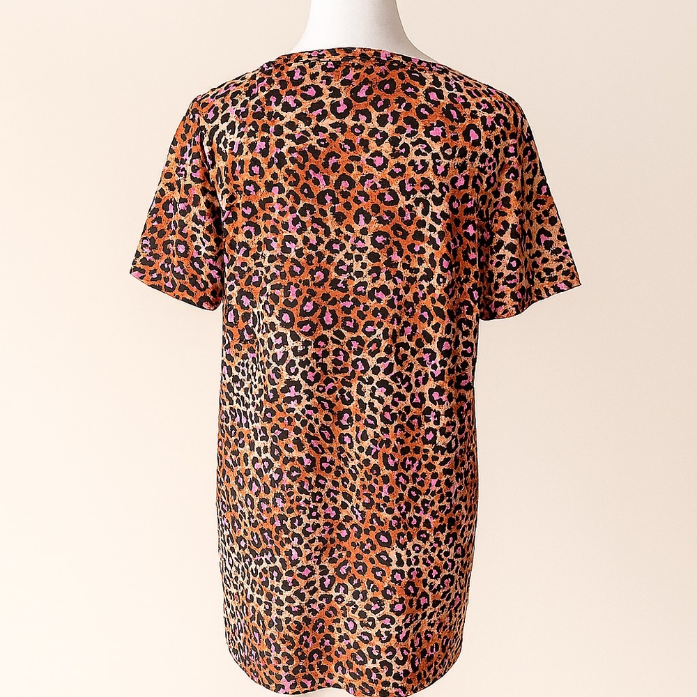 XOXO Sleepwear Leopard Print Sleep Shirt L Short Sleeve Pink Brown Stretch - Picture 3 of 5